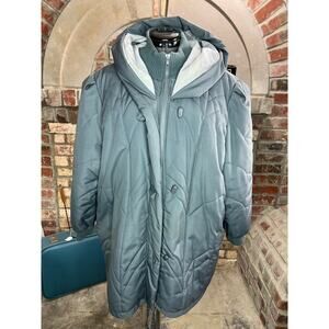 cocoon coat quilted hood 1980s gray toggle buttons